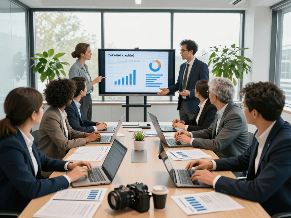 Professionals bespreken zakelijk krediet en financieringsopties in moderne vergaderruimte.