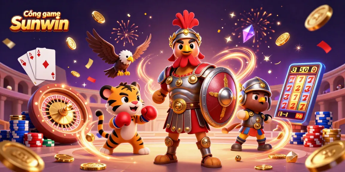 Experience excitement at Cổng game Sunwin with dazzling gambling elements and characters in a vibrant casino scene.