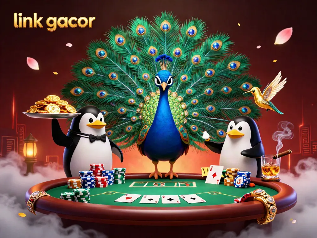 Experience the link gacor with a vibrant 3D scene of a peacock, penguin, and hummingbird at a poker table.