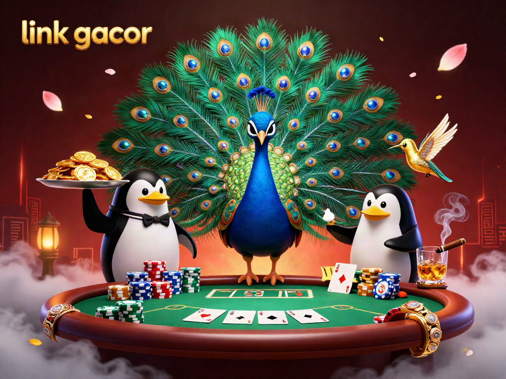 Experience the link gacor with a vibrant 3D scene of a peacock, penguin, and hummingbird at a poker table.