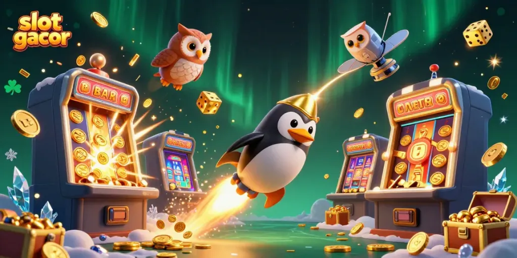 Engaging scene of a golden penguin and casino elements, showcasing the excitement of slot gacor.