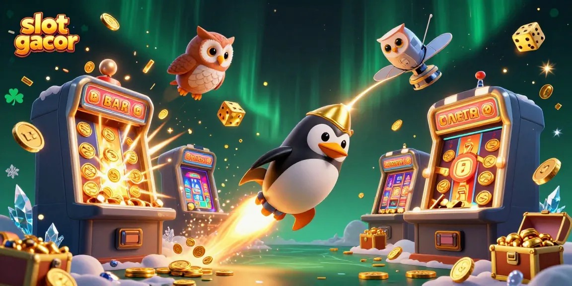 Engaging scene of a golden penguin and casino elements, showcasing the excitement of slot gacor.