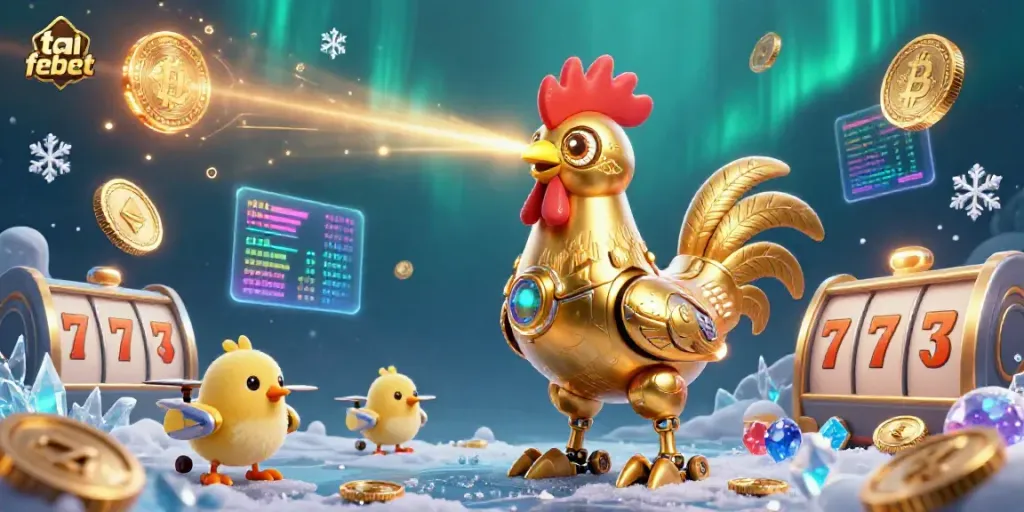 Experience the excitement of tai febet with vibrant golden rooster robots and slot game symbols illuminating the scene.