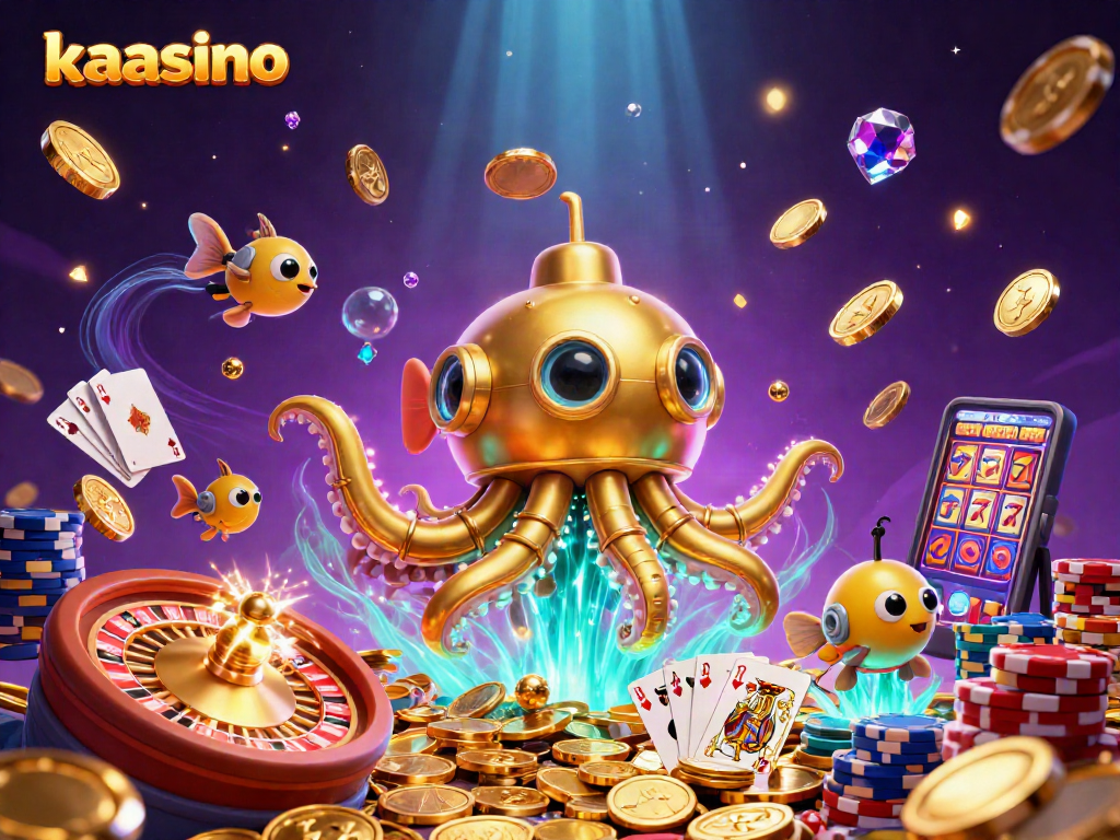 Experience thrilling gaming at kaasino with vibrant 3D illustration of a kraken submarine amidst coins and casino elements.