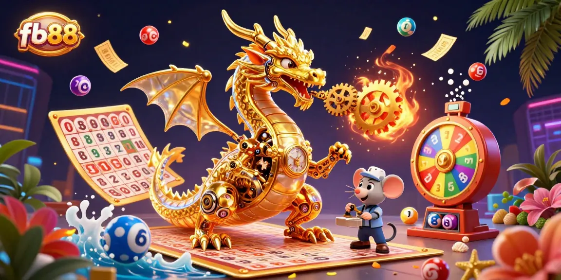 Engage with fb88's vibrant casino atmosphere featuring a golden dragon, dynamic lottery elements, and an energetic gaming scene.