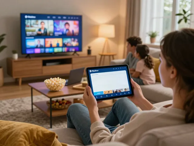 Pikashow TV APK interface displayed on smartphone while family enjoys movie night together.