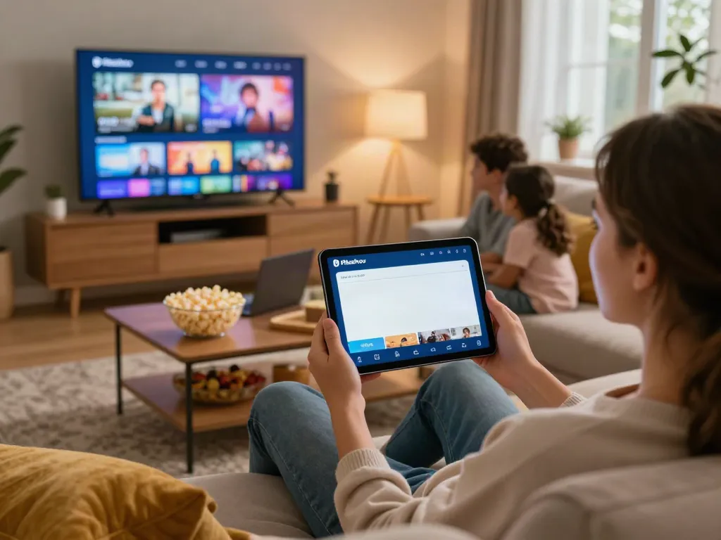 Pikashow TV APK interface displayed on smartphone while family enjoys movie night together.