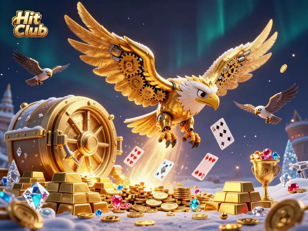 Experience the excitement of Hit Club with a dynamic 3D illustration featuring a golden eagle among cascading playing cards.