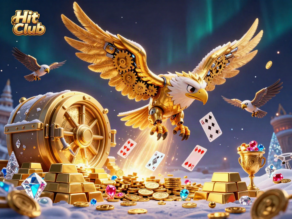 Experience the excitement of Hit Club with a dynamic 3D illustration featuring a golden eagle among cascading playing cards.