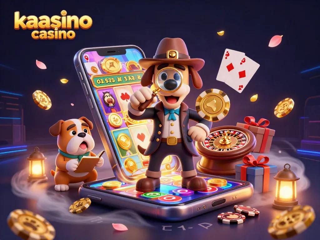 Engage with kaasino casino as a detective examines a golden poker chip clue amidst vibrant gambling elements.