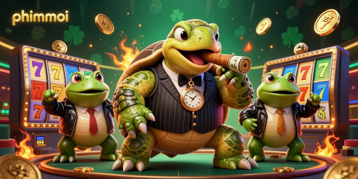 Experience the excitement of phimmoi with a vibrant 3D casino illustration featuring a snapping turtle and bullfrogs.