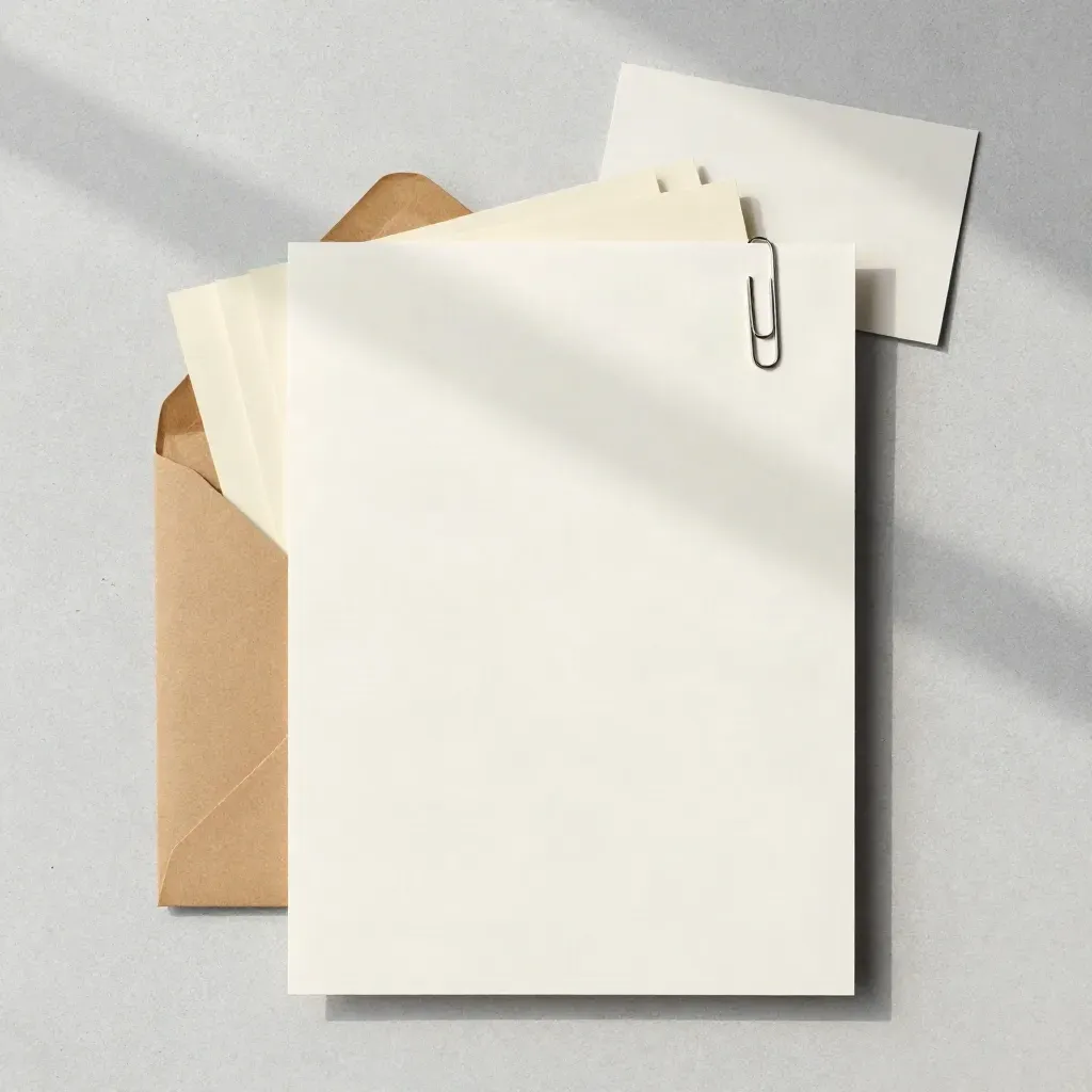 Bovenaanzicht van factuurvellen in kraftenvelop met dividers en paperclip op beton.