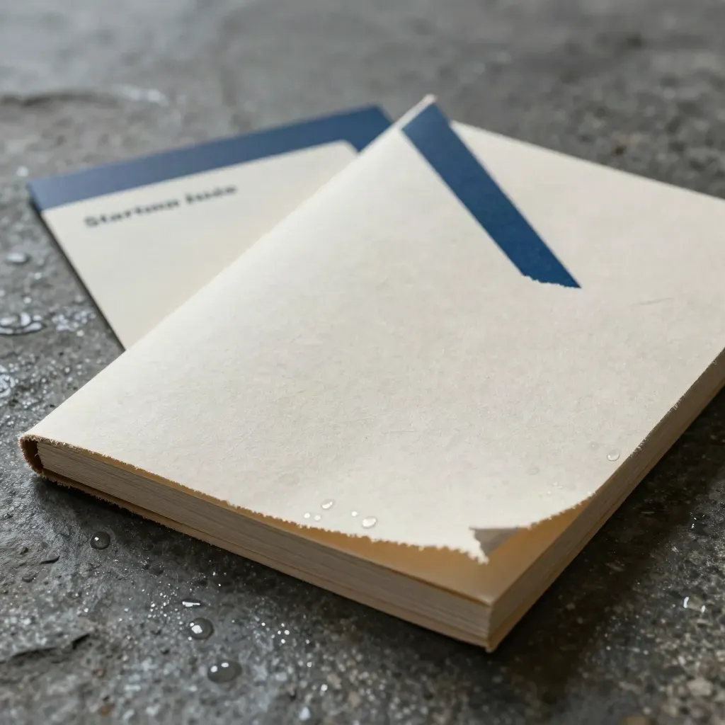 Nabij beeld van een gerecycled gidsboekje half in natte steen met opkrullende pagina en kaartjes.