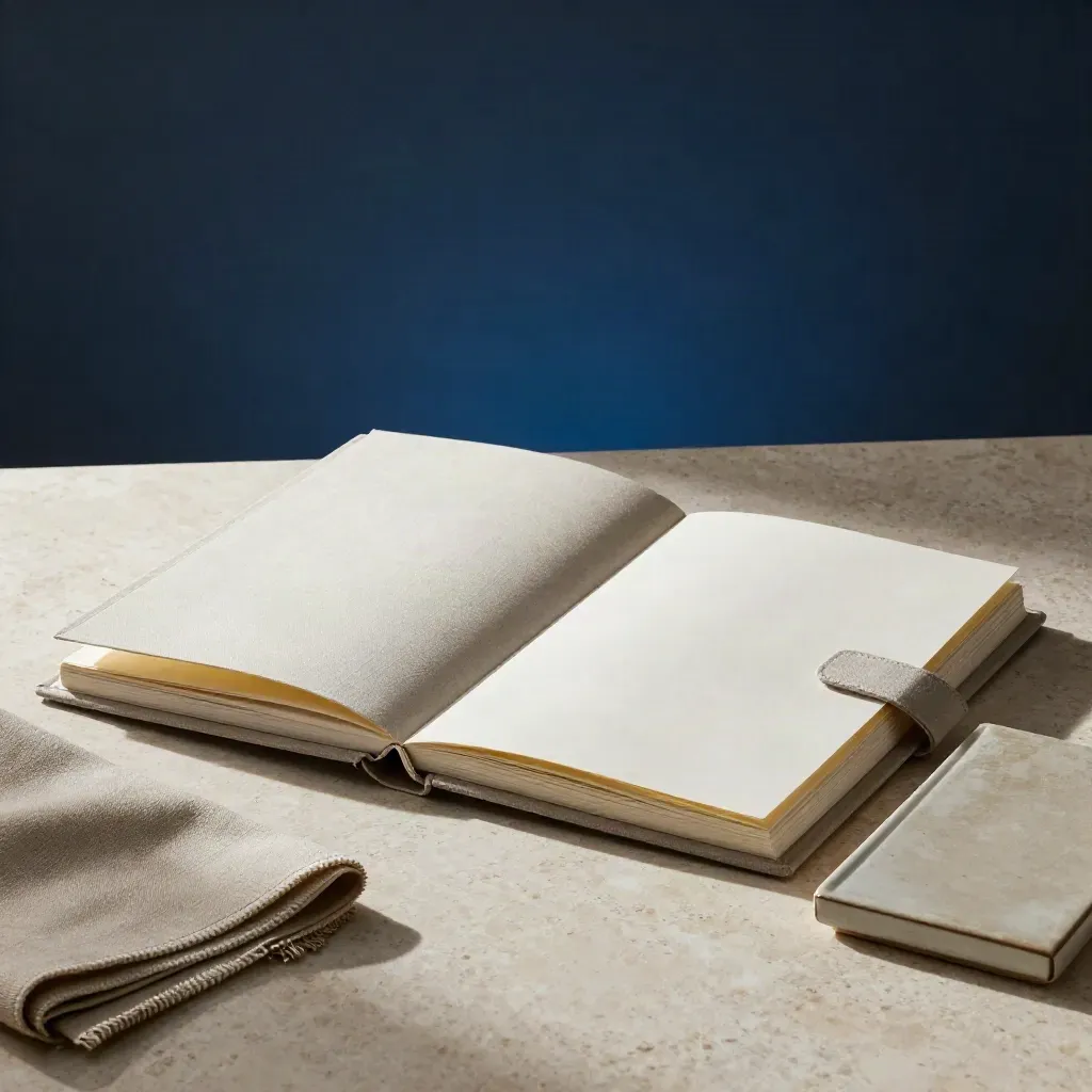 Open ondernemingsplan-binder met tabbladen, stofstaal en keramische schaal op travertin.