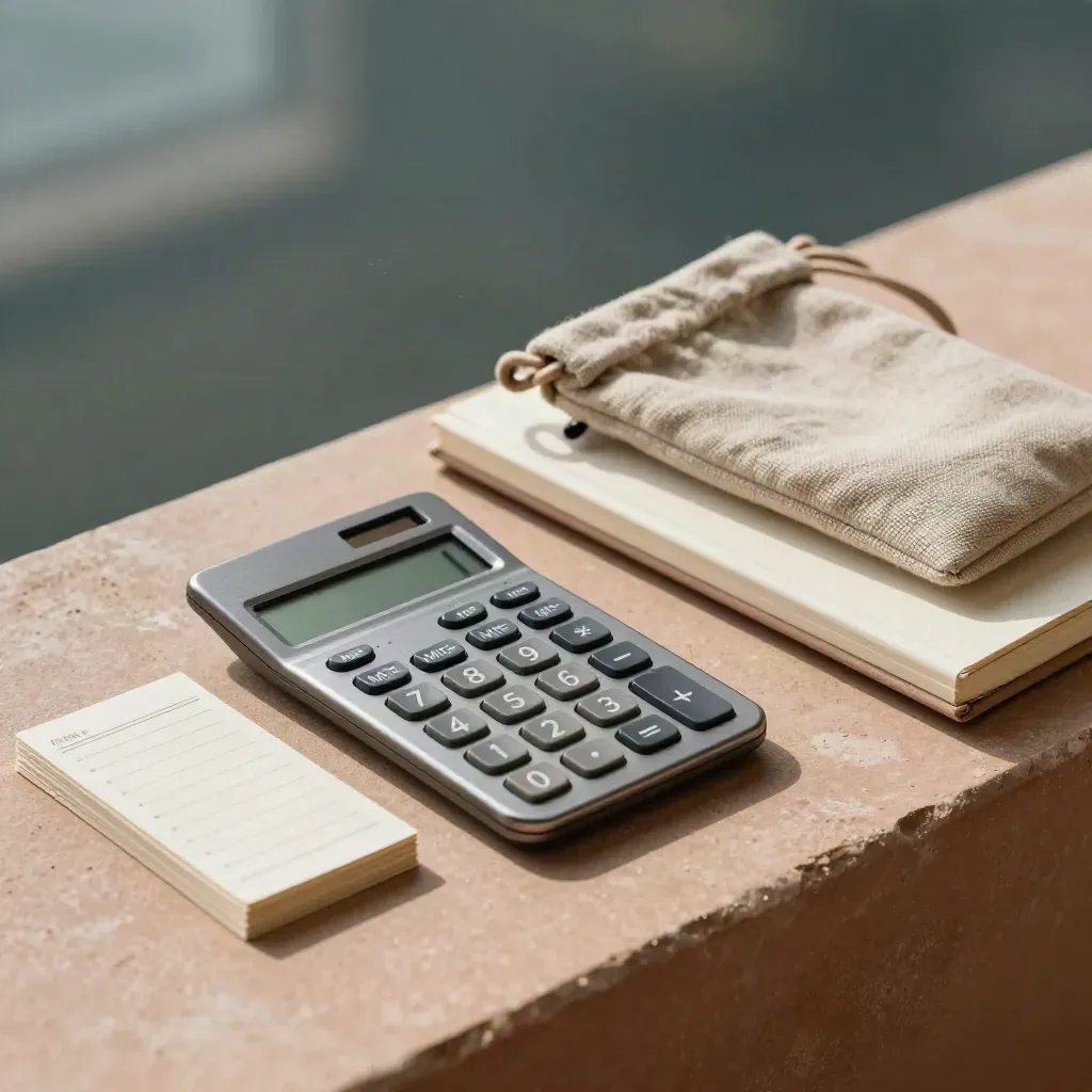 Prijzenset met reken-token, kaartjes en linnen pouch op stenen richel in zacht licht.