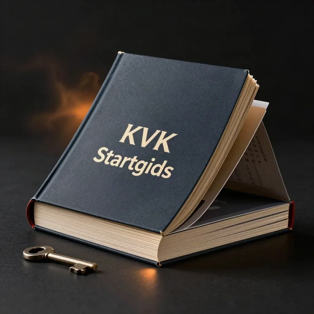 Donkere productfoto van een KVK Startgids met uitwaaierende tabbladen op zwart.