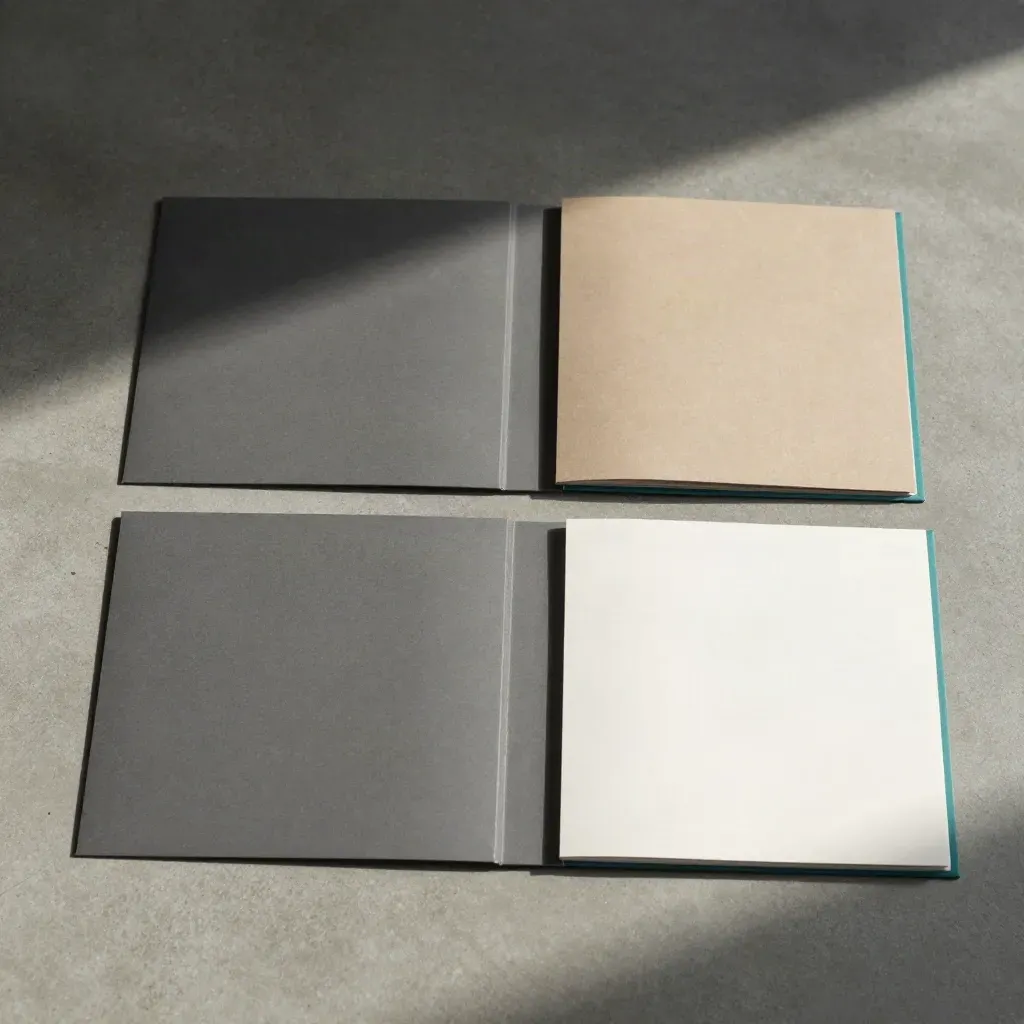 Twee onbedrukte mappen met blanco dividers op beton, strak top-down met teal accent.