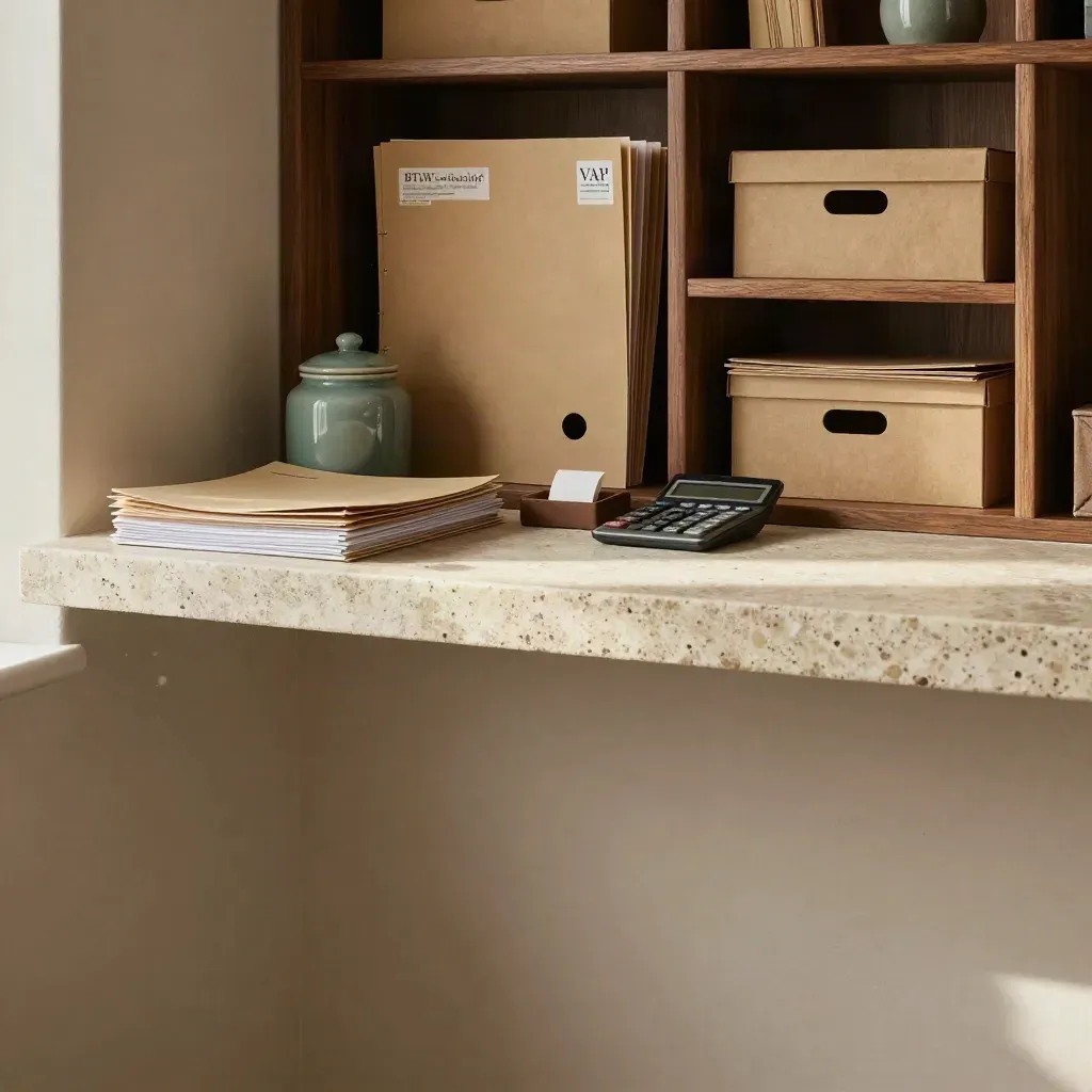 Warm interieur met taxmappen, calculator en keramiek op steen, met rustige ruimte voor kopij.