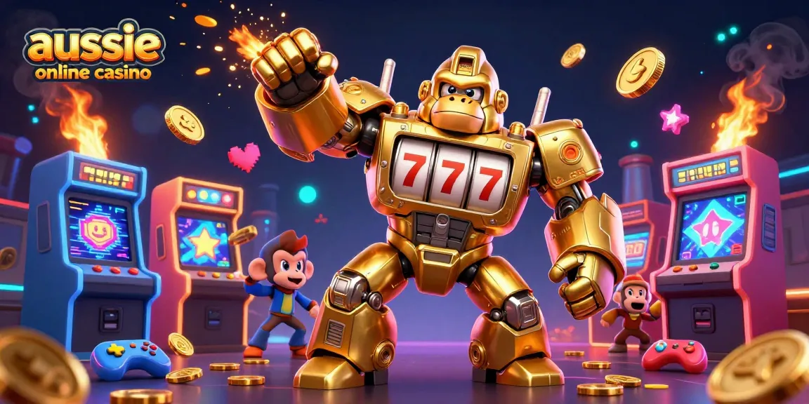 Aussie online casino promo illustration featuring a golden gorilla mech and arcade game elements.