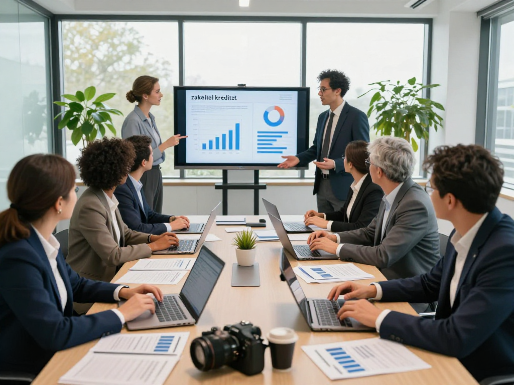 Professionals bespreken zakelijk krediet en financieringsopties in moderne vergaderruimte.