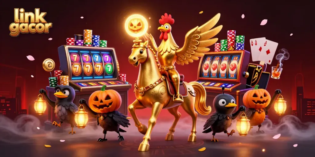 Engage with exciting features of link gacor, where a golden rooster rides through a vibrant casino scene.
