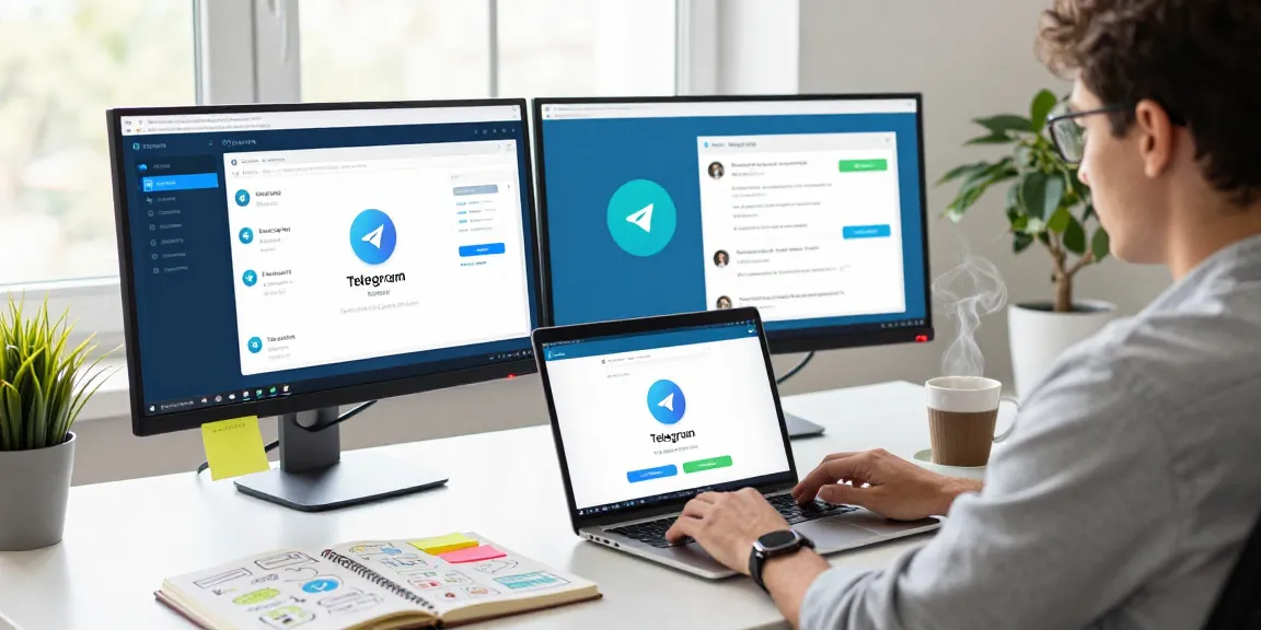 Using the Telegram Web Version on a laptop in a modern workspace with vibrant visuals and a productive atmosphere.