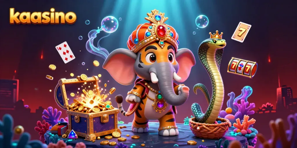 Experience thrilling gameplay at kaasino with 3D characters in a vibrant casino scene featuring slot reels and treasures.