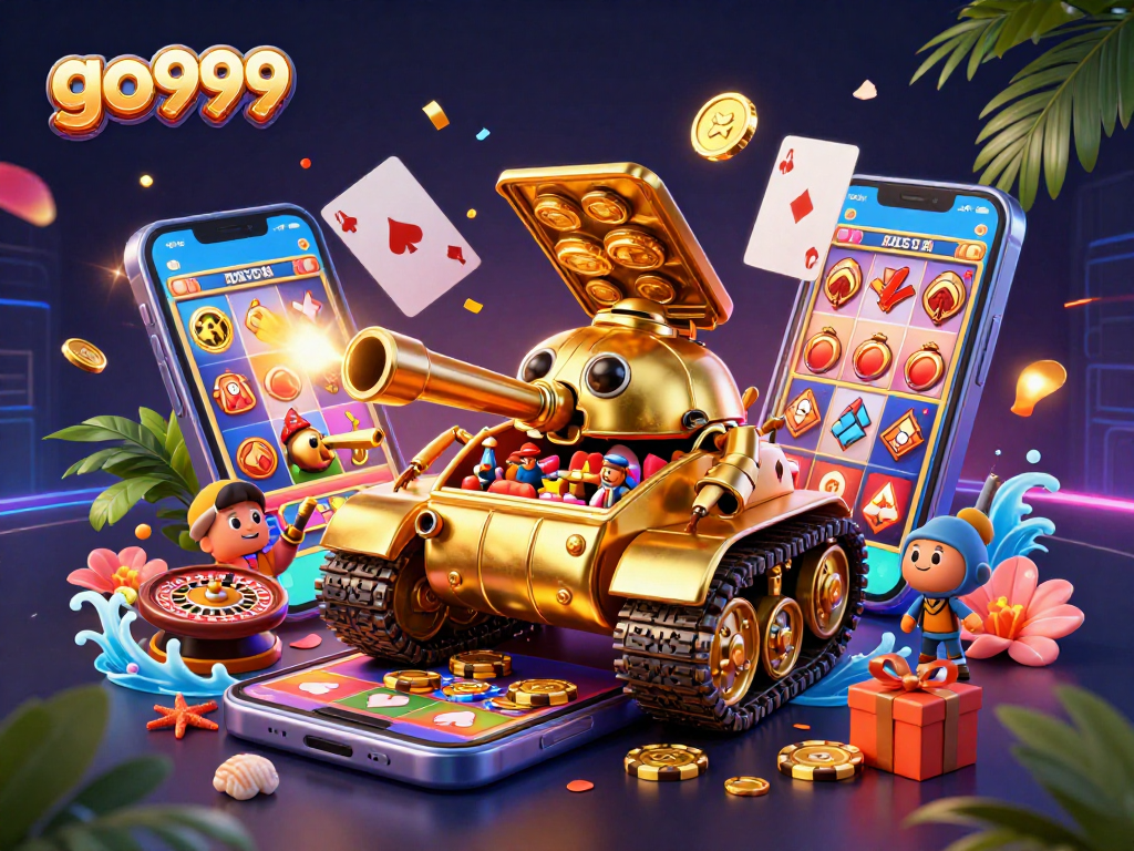 Experience exciting gambling action at go999 with a vibrant 3D casino scene showcasing animated games and elements.