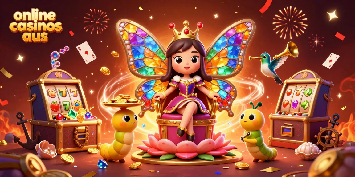 Experience excitement with online casinos aus showcasing a butterfly queen amidst vibrant casino elements!